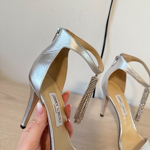 Jimmy Choo Viola 100 Sandals Metallic Silver Crystal Tassel Ankle Strap Sz 41.5 - Picture 5 of 14